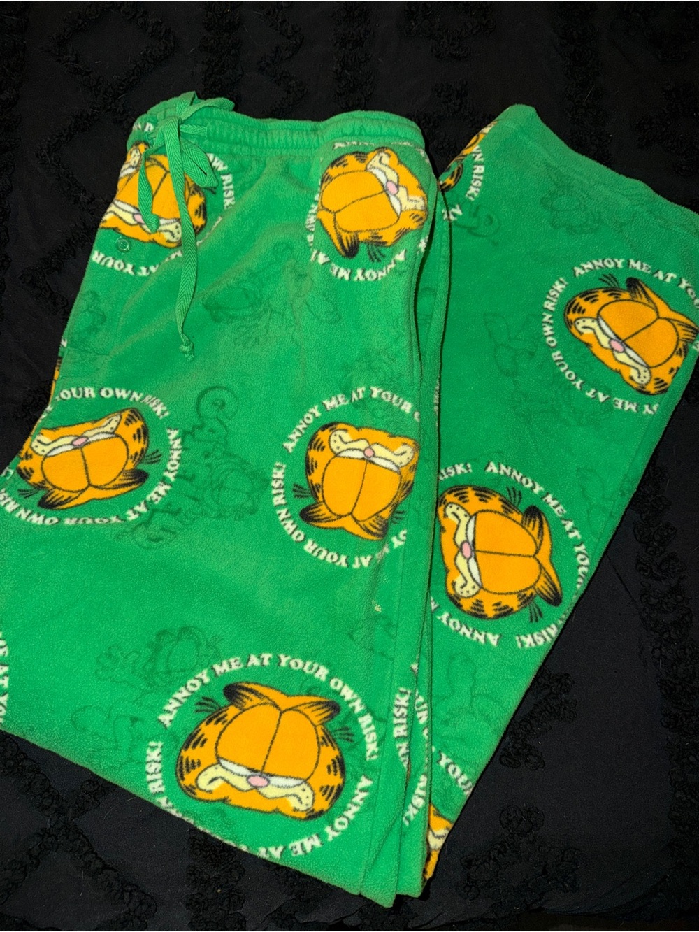 Brand New Garfield Green Fleece Pajama Pants with Pockets and Drawstring Waist